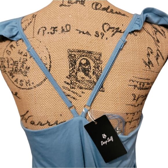 Blue Ruffled V Neck Style Wrap Dress Size Med New With Tags - Picture 5 of 11